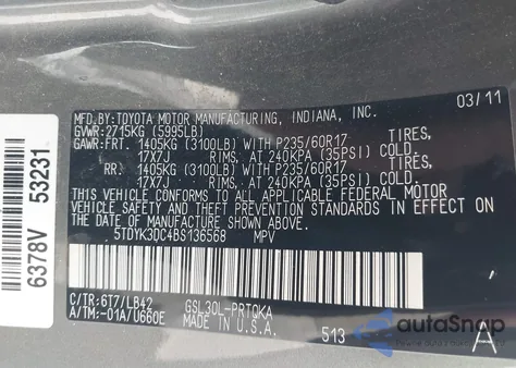 2011 Toyota Sienna Xle V6 from USA, damaged, VIN 5TDYK3DC4BS136568